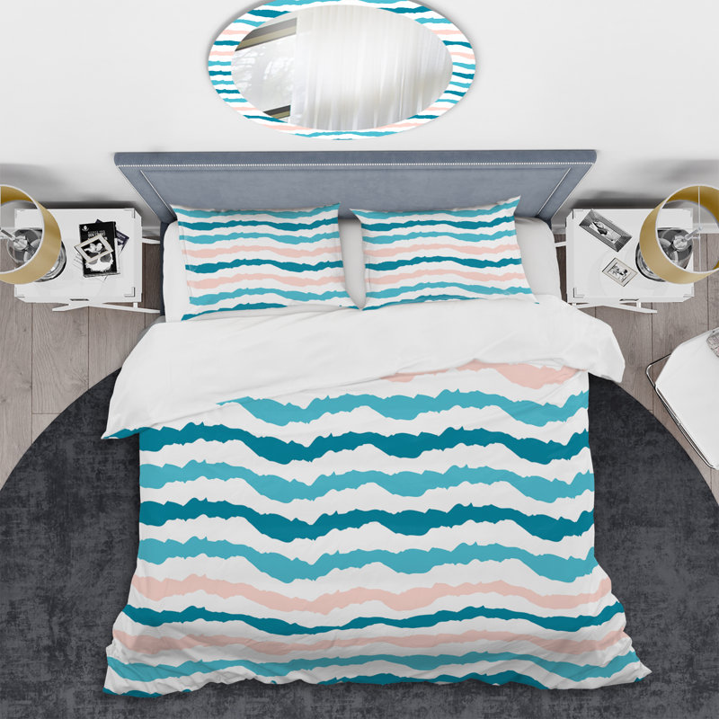 Blue Horizontal Striped - Abstract Duvet Cover Set - Microfiber Polyester, Queen Duvet Cover + 2 Standard Shams
