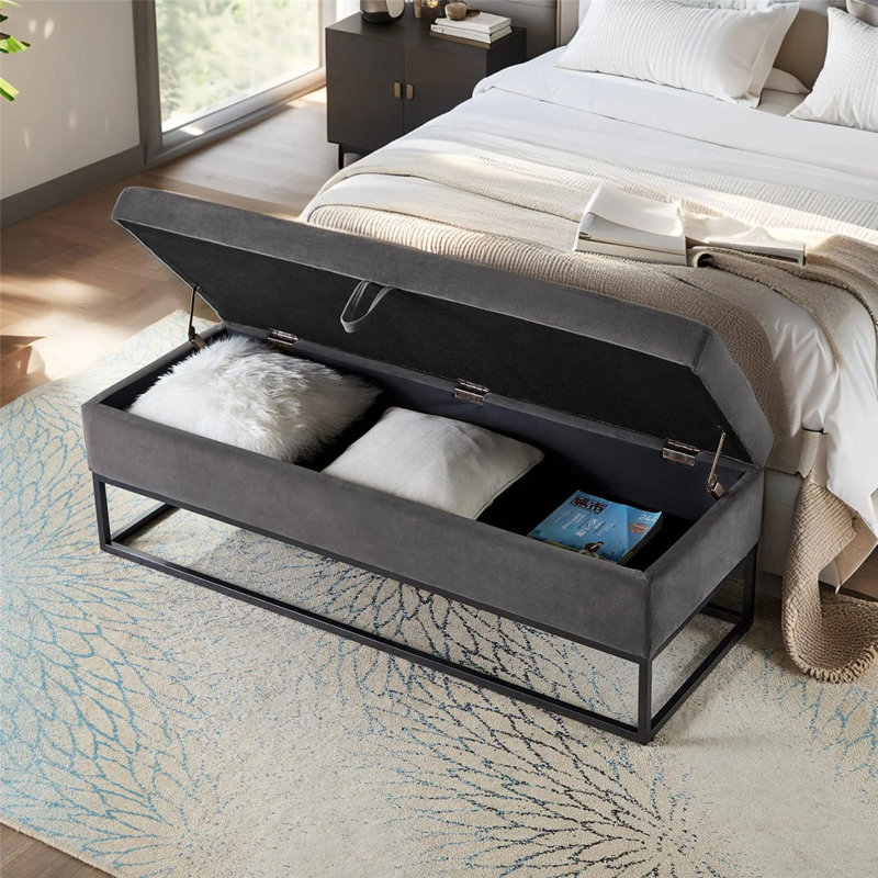 Banc de rangement en velours 58,6 po, Gris, Noir