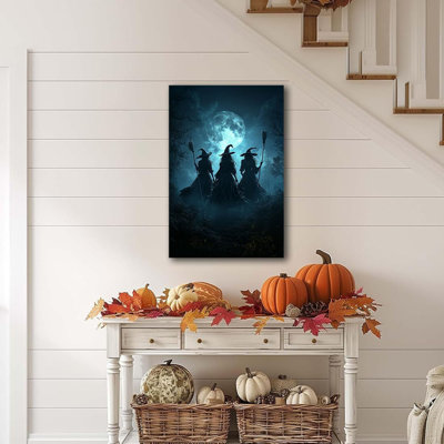 «Moonlight Witches Halloween», photo d'art sur toile, trois sorcières sur un balai dans la forêt, reproduction d'art de style gothique, affiche de sorcière d'Halloween