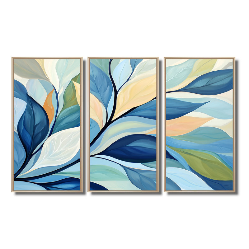 Ensemble de décoration murale feuilles sépia bleu et vert délavées, H 32 po x l 48 po, Reproduction avec cadre flottant