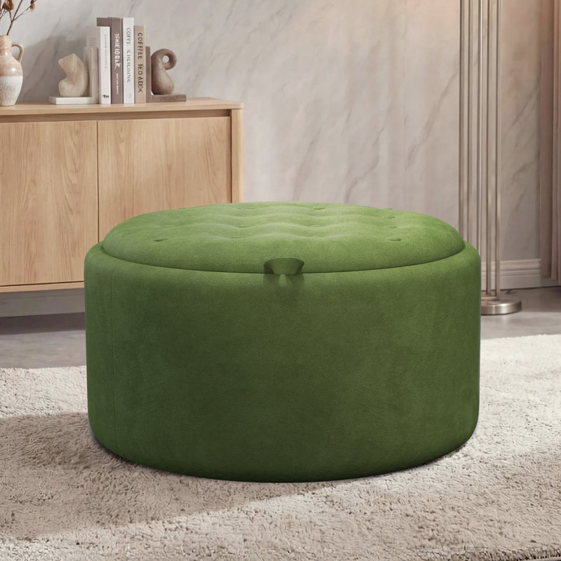 Repose-pieds capitonné rond 27,2 po avec rangement, Velvet - Green