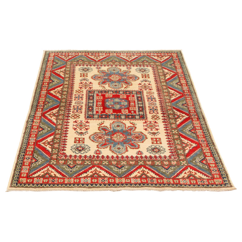 Tapis ivoire en laine noué à la main de conception unique 4 pi 10 po x 6 pi 11 po Moniquie