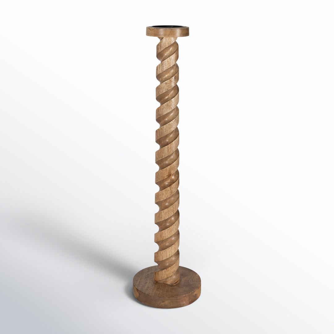 Wood Pillar Candle Holder Mango Wood with Carved Spiral Detail Round Base Rustic Decorative Accent Versatile Modern Design Handcrafted Single Piece for Stylish Contemporary Interiors. Birch Lane™ 
