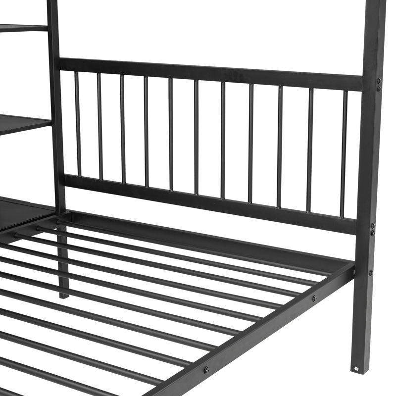 Full Over Twin Metal Bunk Bed With Built-in Desk Metal Bed Frame With Shelves and Ladder, Black