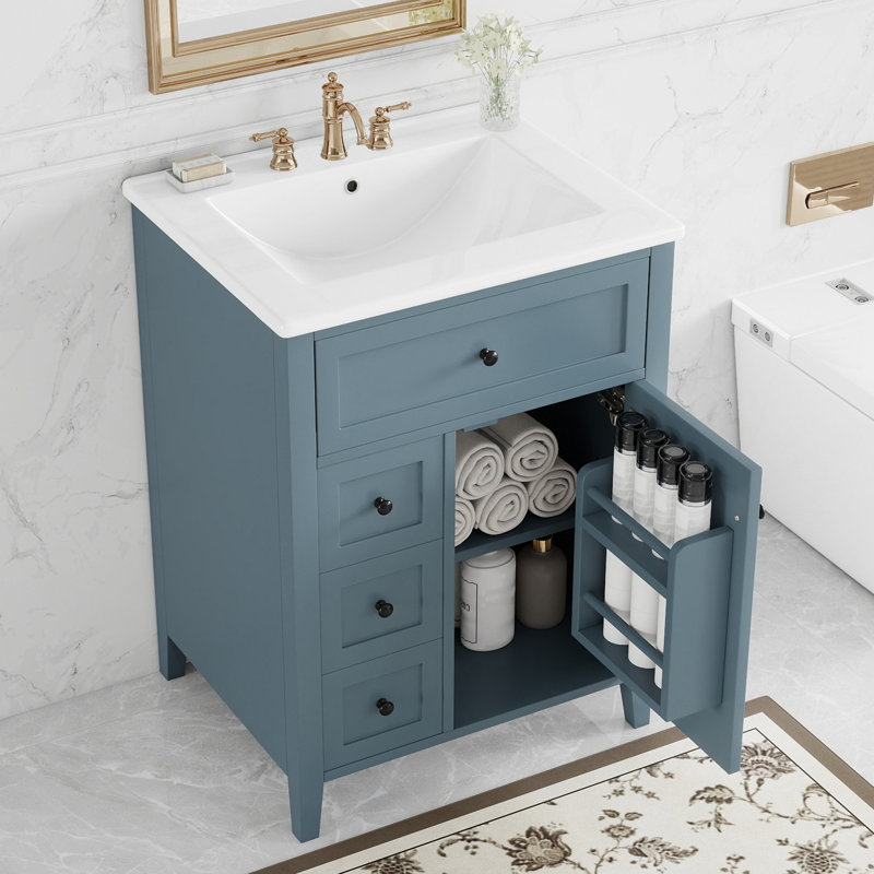 Meuble-lavabo 24 po gris avec lavabo, panneau de fibres à densité moyenne et bois d'hévéa, 3 tiroirs et armoire avec tablettes réglables, L 24 po x l 18,3 po x H 33,9 po, bois massif et panneau de fibres à densité moyenne, 1 pièce, meuble-lavabo bleu gris et bois d'hévéa Pieds