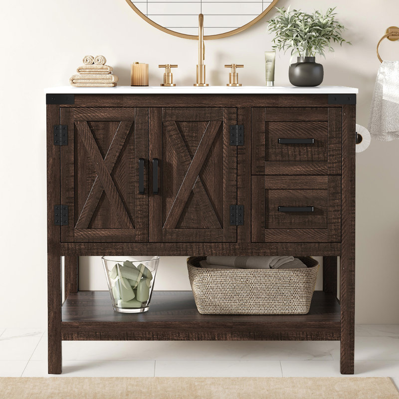 Ensemble de meuble-lavabo de salle de bain avec lavabo 36,6 po Chimira, brun rustique, Brun, 34.3'' H X 36.6'' W X 22'' D