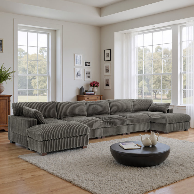 7 - Piece Upholstered Light Gray Faux Rabbit Fur Flannel Reversible Modular Sofa Living Room Sectional Couch with Ottoman