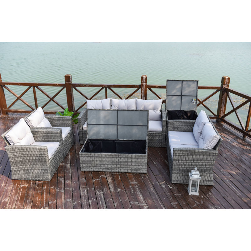 Ensemble de patio complet en rotin 6 pièces avec coussins Kensli, Gris