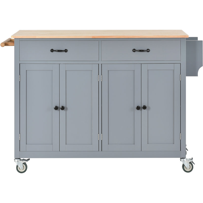 Kitchen Island Cart, 54.3" Wide, Solid Wood Top, Locking Wheels, Cabinet, 2 Drawers, Spice & Towel Rack, Blue | Gift Idea
