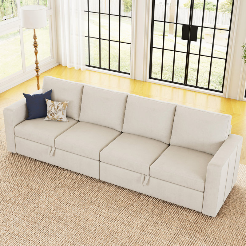 Canapé-lit modulaire en velours chenille 4 places, Velours beige