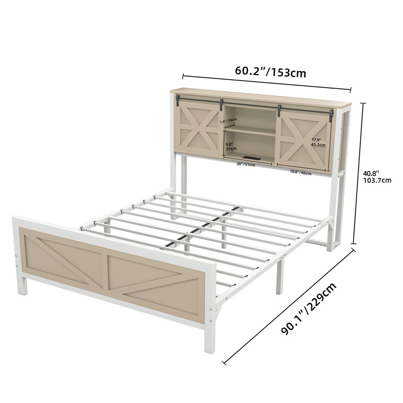 Farmhouse Platform Storage Bed with Bookcase Headboard and Built-In Charging Station, Brown, Queen