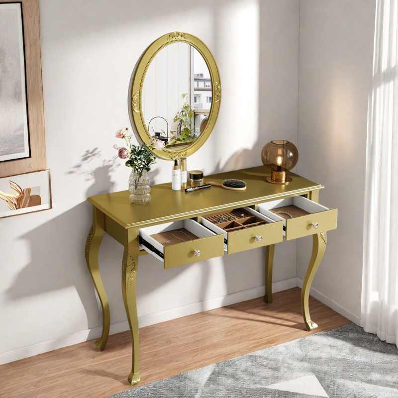 Meuble-lavabo de luxe avec miroir ovale, 3 tiroirs et sculptures complexes , Doré