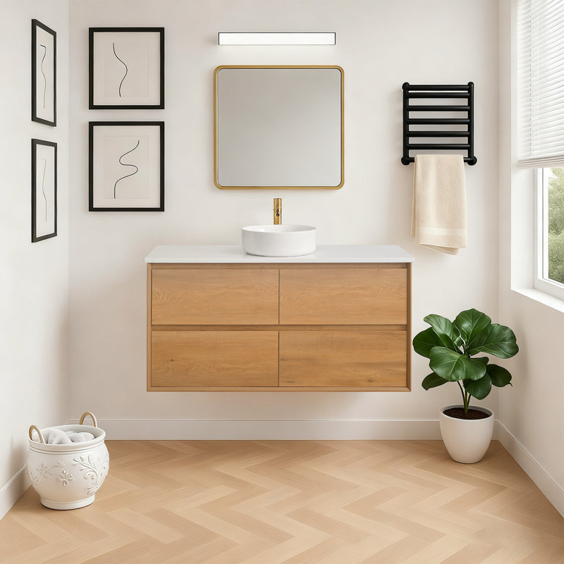 Meuble-lavabo mural simple 48 po avec comptoir en quartz, Rond