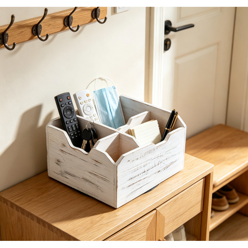 Organiseur de bureau rotatif vintage en pin, panier de rangement à compartiments pivotants pour télécommandes, fournitures de bureau et articles ménagers essentiels