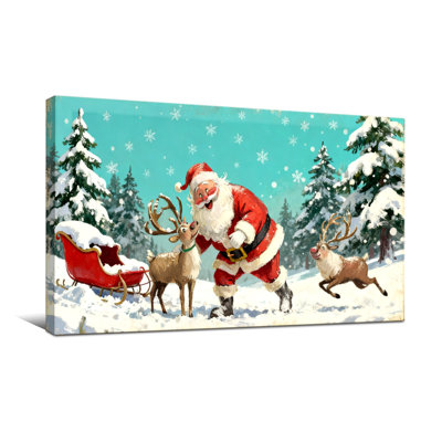 Christmas Santa Claus Reindeer Sleigh Snowy Forest Winter Scene