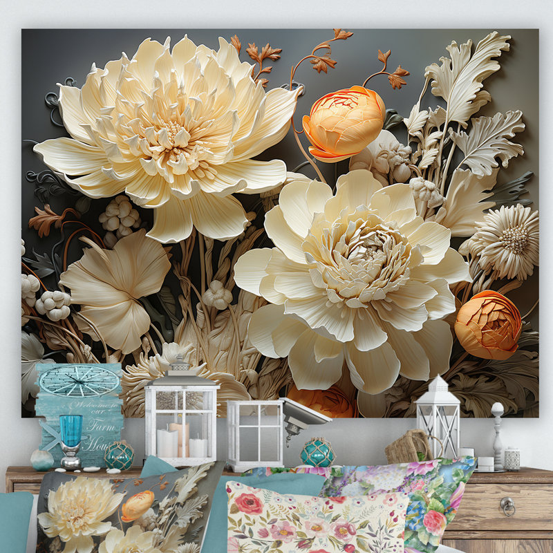 Ivoire floral complexe sur toile, Toile tendue, H 12 po x l 20 po x P 1 po