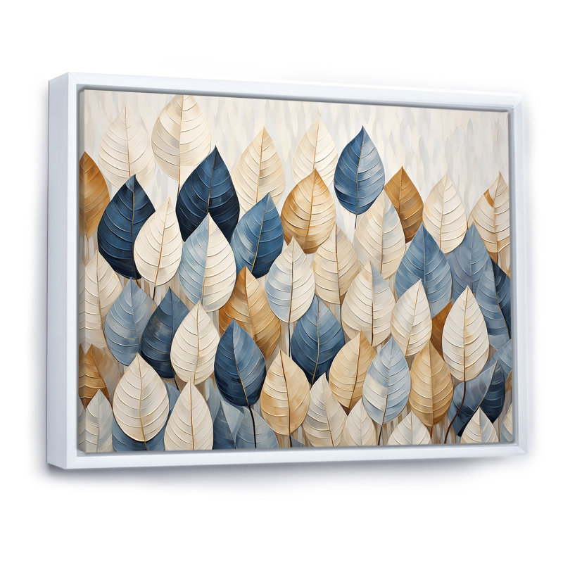 «Beige and Blue Minimalisme Leaves Collage I», art mural pour salon, H 24 po x l 32 po x P 1 po, Cadre flottant blanc