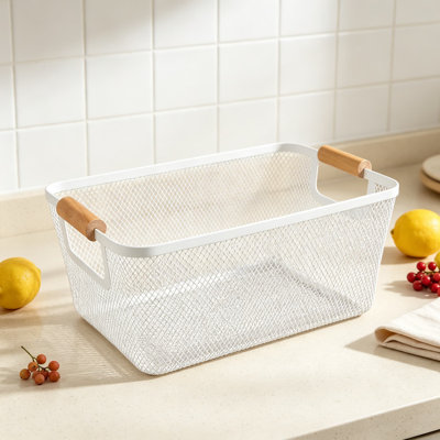 Panier en maille métallique avec poignées en bambou pour l'organisation de la cuisine, panier en métal pour rangement pour garde-manger, ensemble de deux