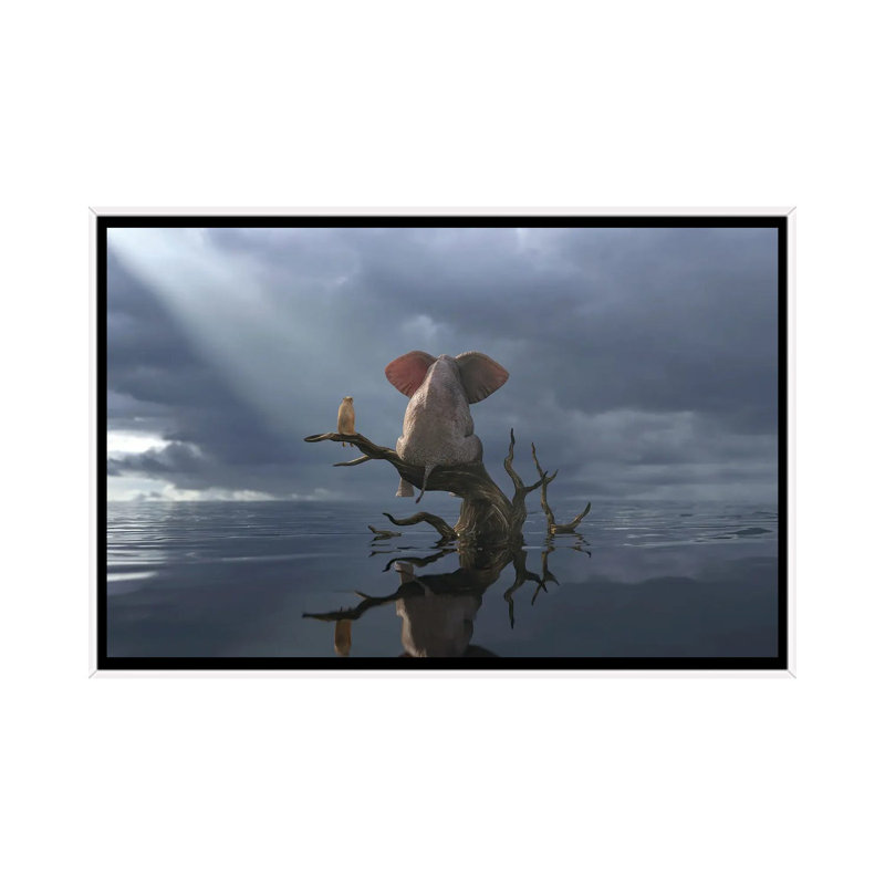 «Elephant and Dog Are Sitting on a Tree in Flood II» par Mike Kyiv - reproduction d'art, Toile blanche encadrée, Pas de tapis