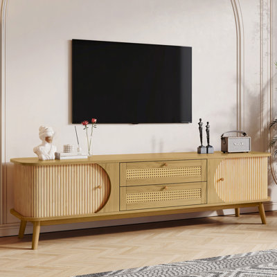 Meuble télé en rotin pour téléviseur de 75 po ou moins, meuble télé avec pieds en bois massif, meuble télé pour le salon et cinéma maison