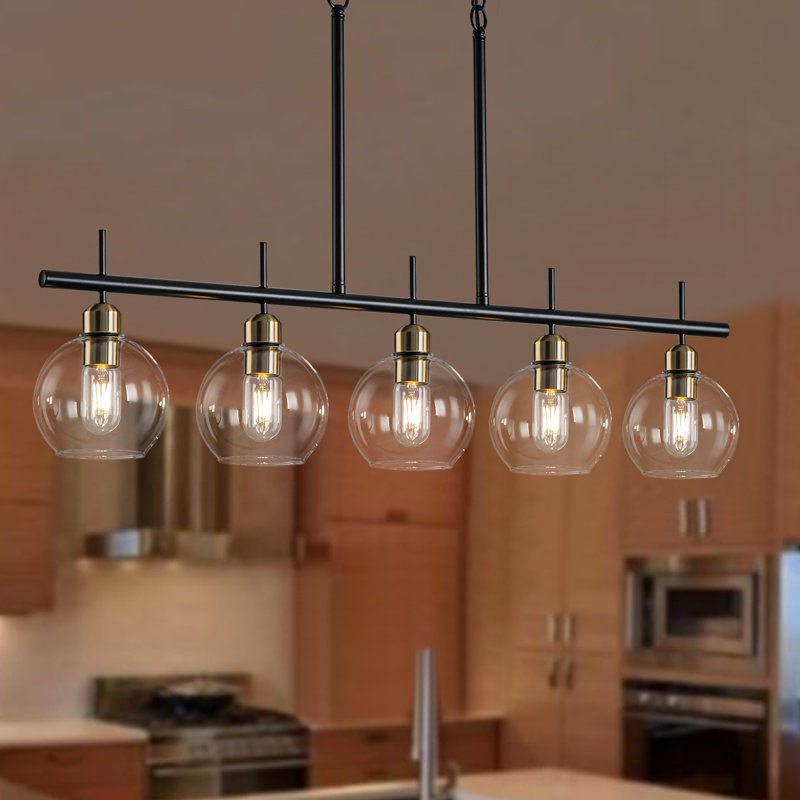 Aaziyah 5-light Modern Kitchen Island Linear Pendant Light With Clear Globe Glass Shades, Gold/Matte Black