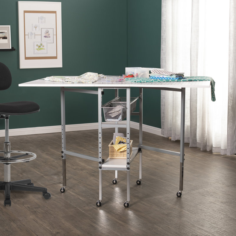 Adjustable Silver and White Folding Cutting Table with Grid Top