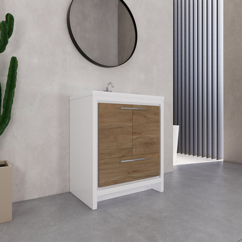 Ensemble de meuble-lavabo simple 29,6 po Eden, Blanc brillant / teck