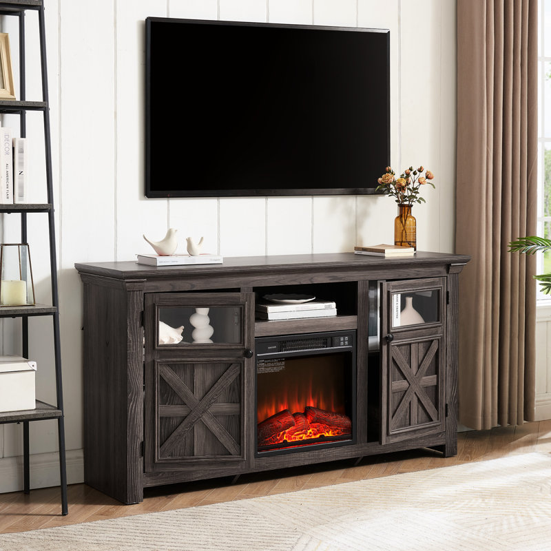 Meuble télé Style avec foyer et découpes pour câbles, gris, l 59,27 po x P 15,12 po, H 31,7 po, pour téléviseurs de 65 po