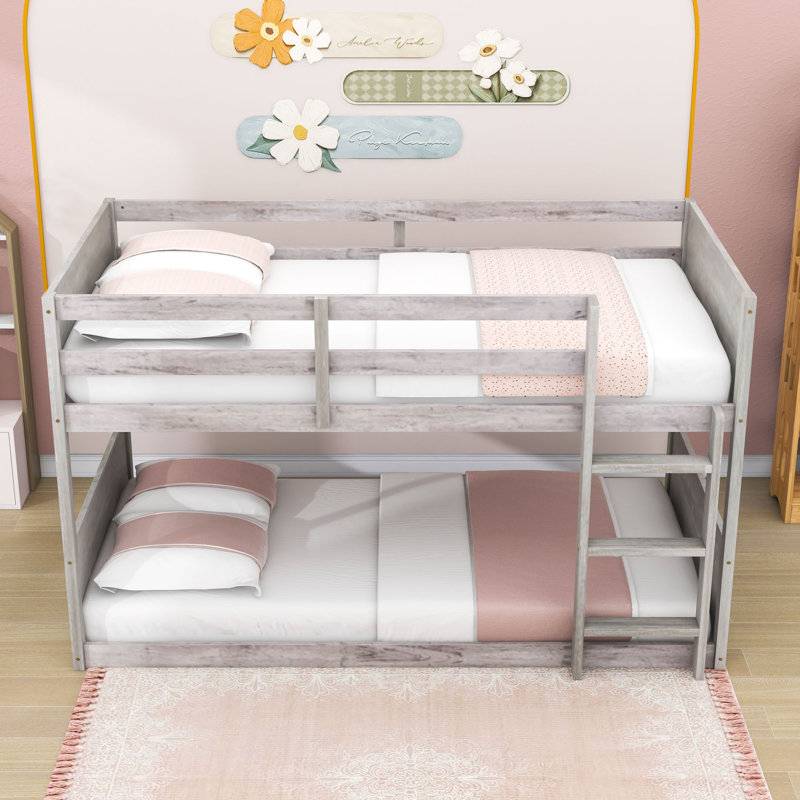 Twin Over Twin Wood Floor Bunk Bed With Safety Guardrails & Ladder, Antique White