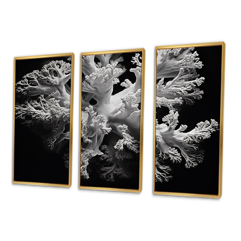 «Black and White Coral Anemone Kingdom III - Coastal Coral Under Water», ensemble d'art sur toile, Cadre flottant doré