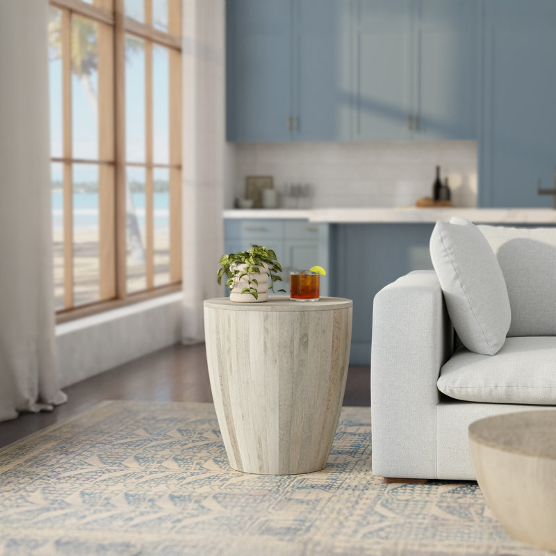 Elmbrook 21"W Solid Mango Wood Modern Drum End Table, White Wash