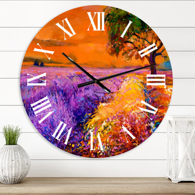 Horloge murale campagnarde mauve lavande mauve sous un coucher de soleil orange II
