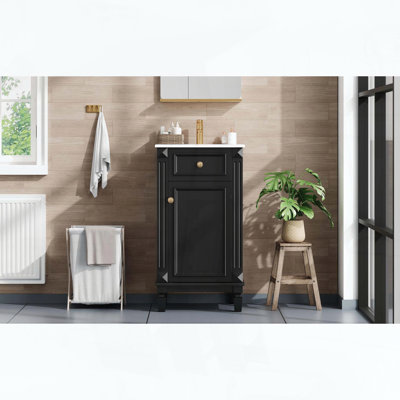 Meuble-lavabo sur pied avec lavabo en céramique, porte à fermeture amortie et tablette réglable, style français, noir