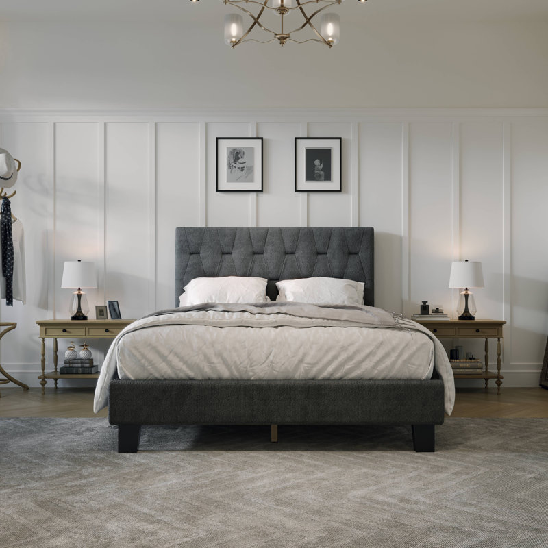 Lit plateforme tapissier en bois avec tête de lit Teddy, Gris, Grand lit