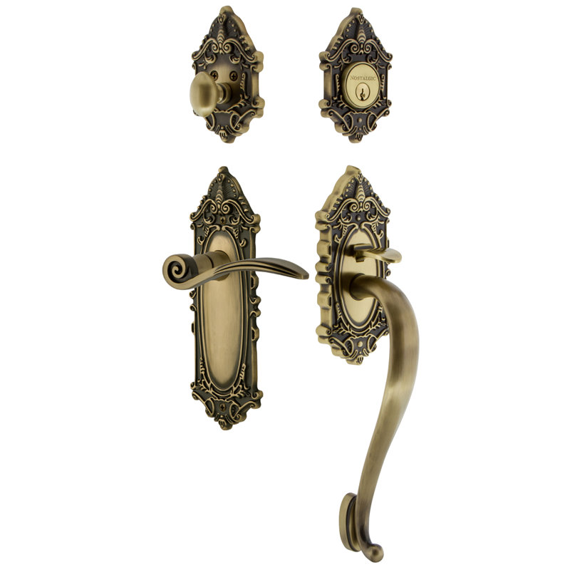 Nostalgic Warehouse Victorian Plate S Grip Handleset with Single Cylinder Deadbolt and Swan Lever, 2 3/8", Antique Brass