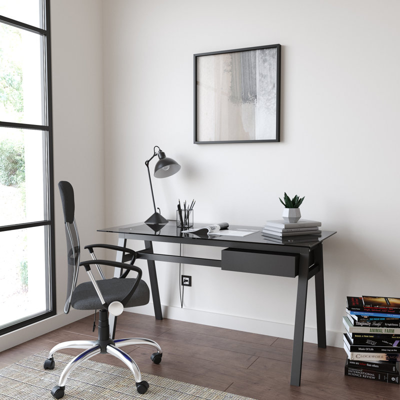 Birl Glass Stainless Steel Writing Desk, Gray
