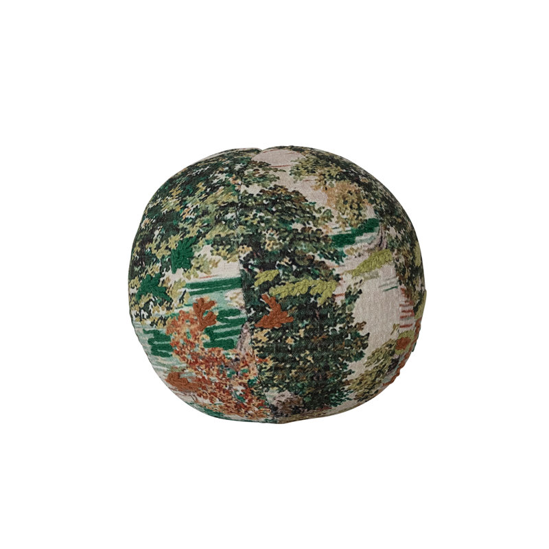 Fabric Printed Orb Pillow With Landscape And Embroidery