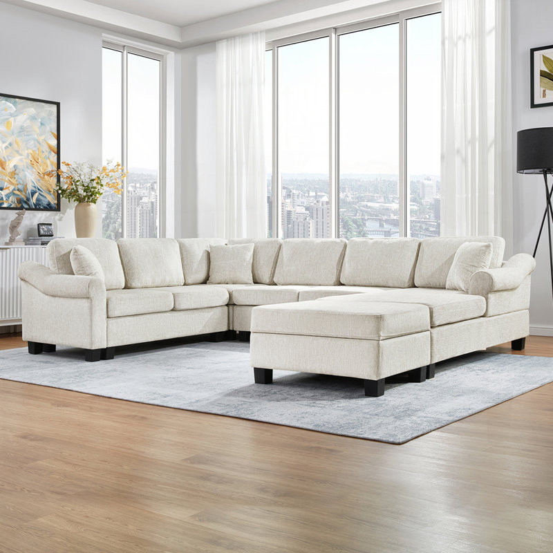 Canapé modulaire rembourré avec repose-pieds de rangement, Blanc