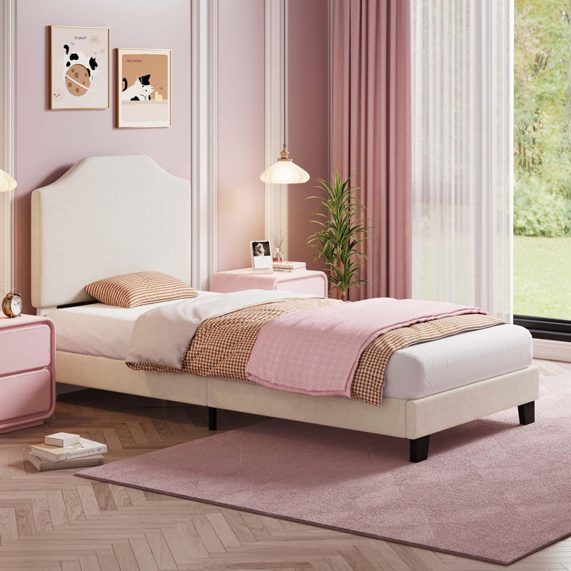 Twin Size Velvet Bed Frame, Corduroy Upholstered Twin Bed Frames Platform, Beige