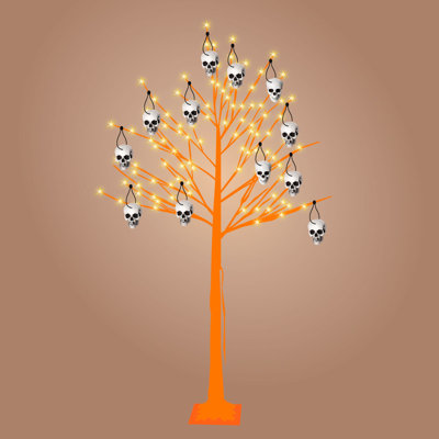 Halloween Tree Kit - 7-ft Prelit Half-white Birch Tree (160 Warm White Led Lights), Orange Paint Set, 12 Skull Hanging Ornaments.