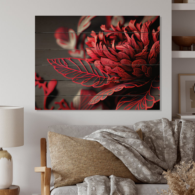 «Blossoming Rose» en rouge et gris II - art mural floral, H 16 po x l 32 po x P 1 po, Bois