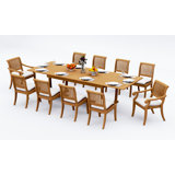 8 Seats 9 Pcs Grade-A Teak Wood Dining Set: 118" Double Extension Mas Rectangle Trestle Leg Table And 8 Arbor Stacking Chairs (2 Arm & 6 Armless Chairs) #11AB2502