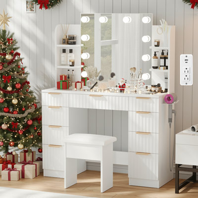 Makeup Vanity Glass-top Table Modern Water Ripple Design With 3-color Bulb Lighting Mirror, 9 Drawers And 4 Shelves by Ebern Designs