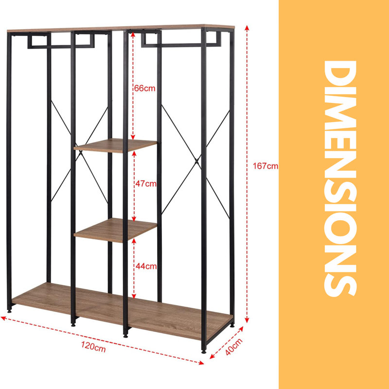 Brano Rustic Industrial Clothes Rail, Metal Open Wardrobe, Clothes Rack, Garment Rack with Shoe Storage