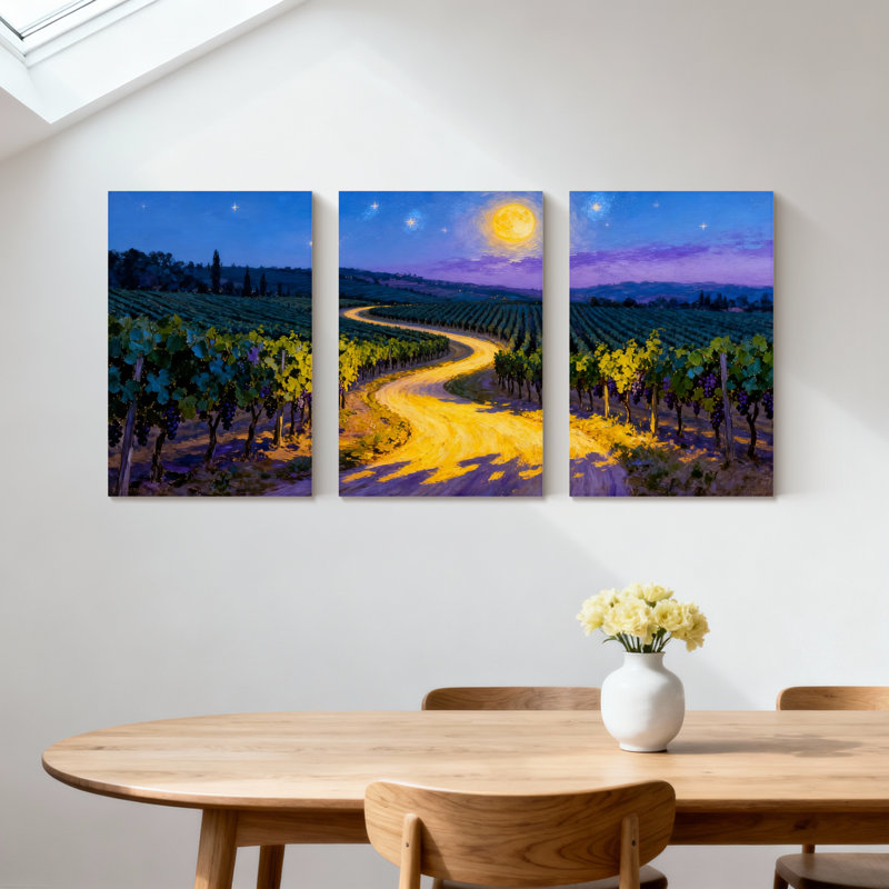 Abstrait au clair de lune, chemin de vignes dans la nuit, ensemble de 3 impressions sur toile, H 24 po x l 48 po