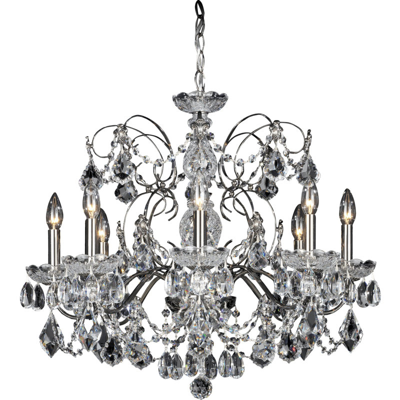 Century 8 - Light Candle Style Chandelier, Black, Heritage Handcut Crystal Clear