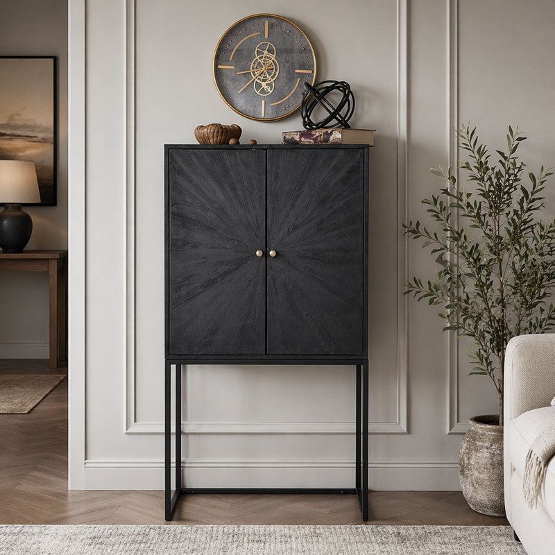 Élégante armoire d'appoint noire avec rangement et fonction d'affichage, parfaite pour les intérieurs modernes et polyvalente