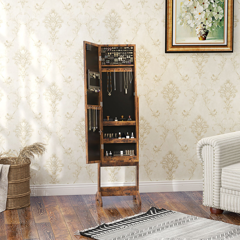 HOMCOM Freestanding LED Mirrored Jewelry Cabinet, Rustic Brown