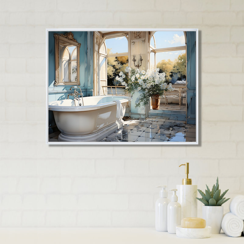 Bathroom Bathroom Reflections Of I - Impression sur toile encadrée, H 12 po x l 20 po x P 1 po, Cadre flottant blanc