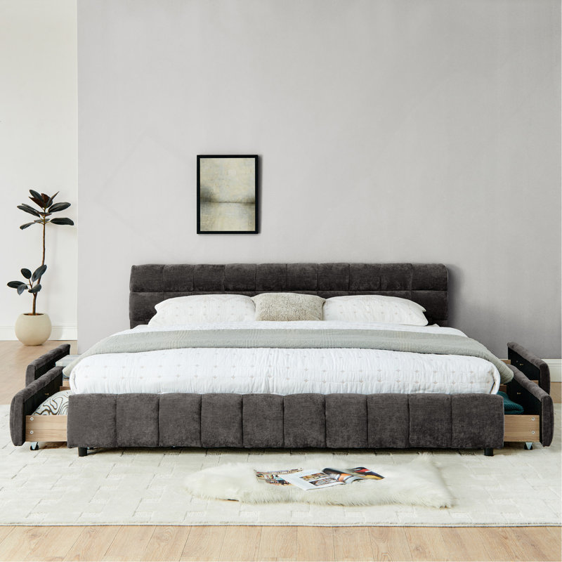 Structure de lit tapissier très grand en chenille, lit plateforme gris foncé avec tiroir de rangement et tête de lit rembourré, structure de lit solide et robuste pour la chambre à coucher